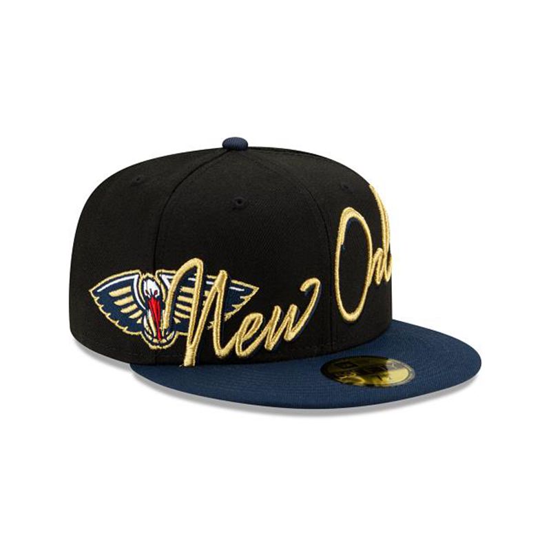 NBA New Orleans Pelicans Cursive 59Fifty Fitted (ZJL9737) - Black New Era Caps